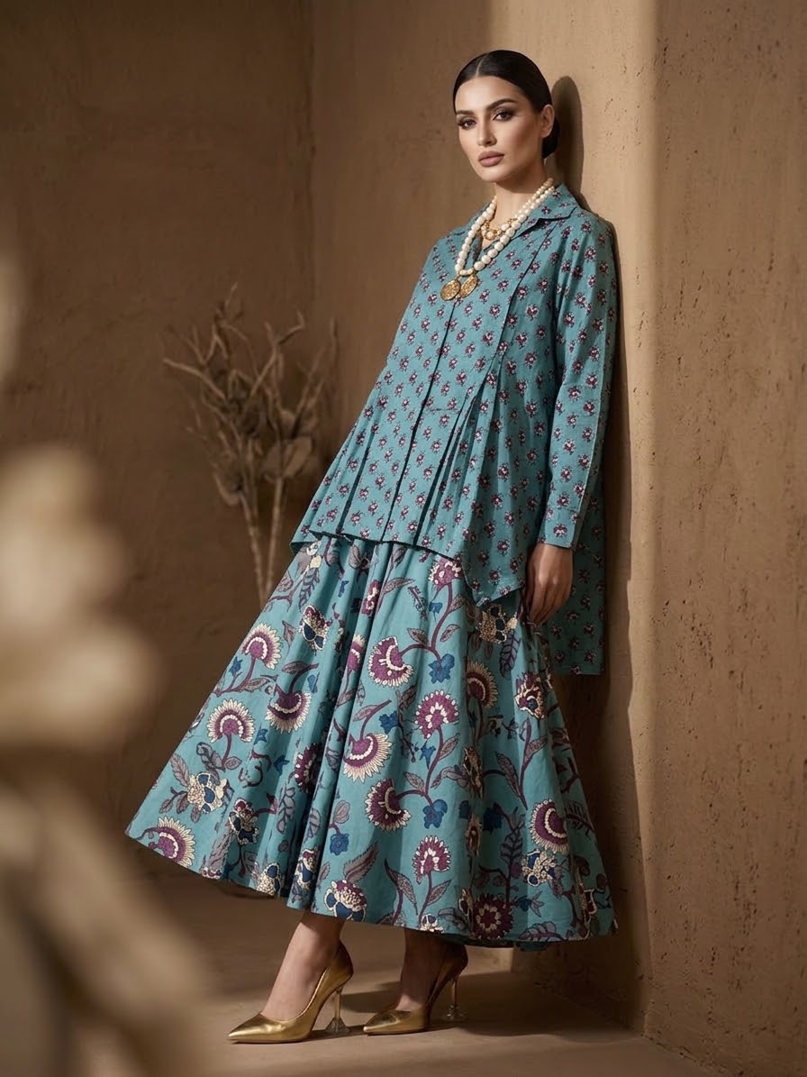 ANAYA GREEN SKIRT AND SHIRT SET OF 2-Delivery in 1 week