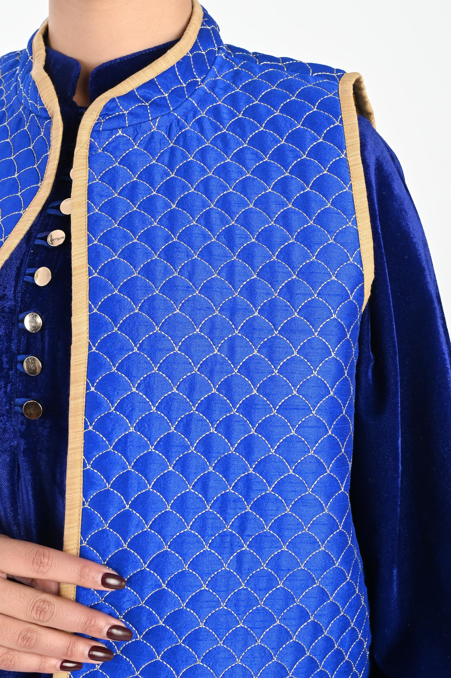 DHARAA BLUE-VELVET KAFTAN AND QUILTED EMBROIDERED JACKET SET-DELIVERY IN 7 TO 10 DAYS (Copy)