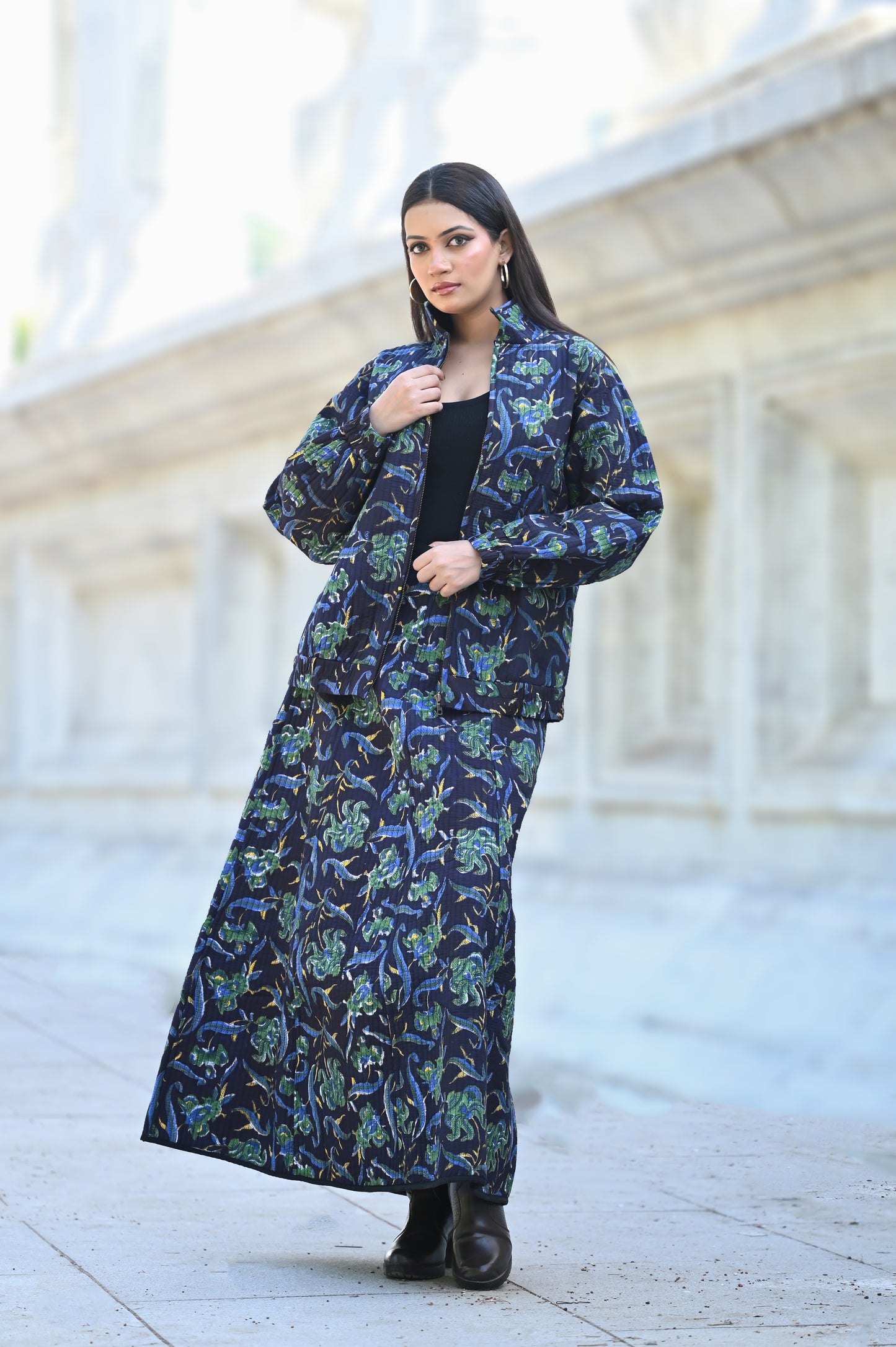 KAIRA black and beige WINTER QUILTED JACKET AND SKIRT- DELIVERY IN 10 TO 12 DAYS