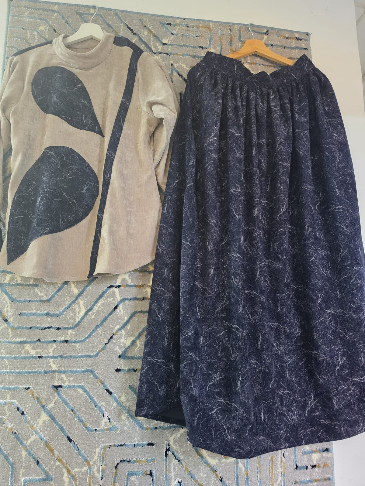 KAYA suede velvet shirt and brocade skirt