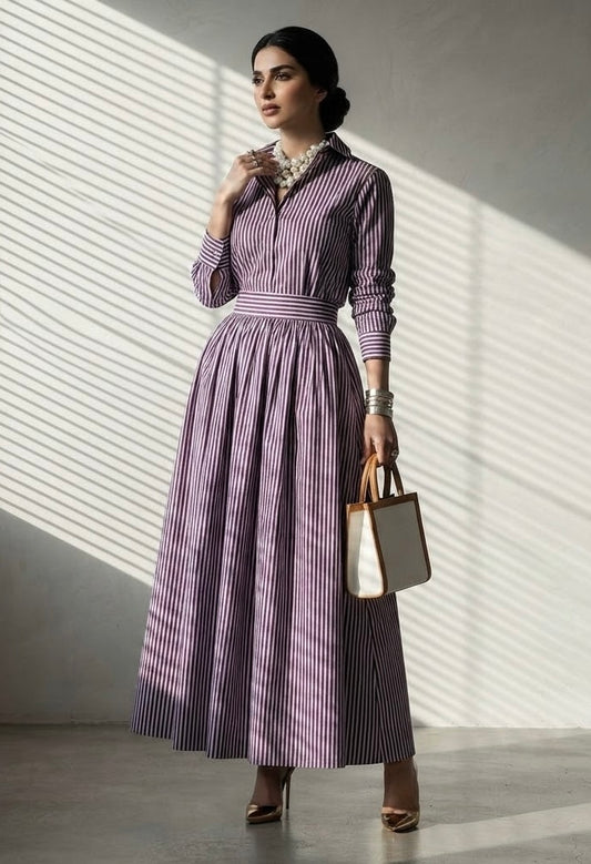 NITHA PURPLE  AND WHITE STRIPS SKIRT AND TOP SET  (SET OF 2) -Delivery in 5 TO 6 DAYS