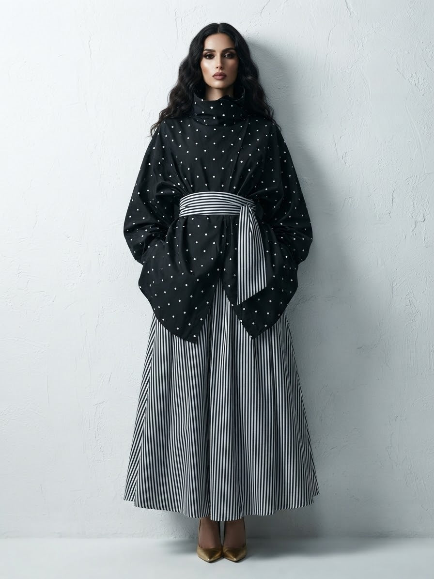 ADA BLACK POLKA DOTS and STRIPES SKIRT AND TOP SET  (SET OF 2) -Delivery in 5 TO 6 DAYS