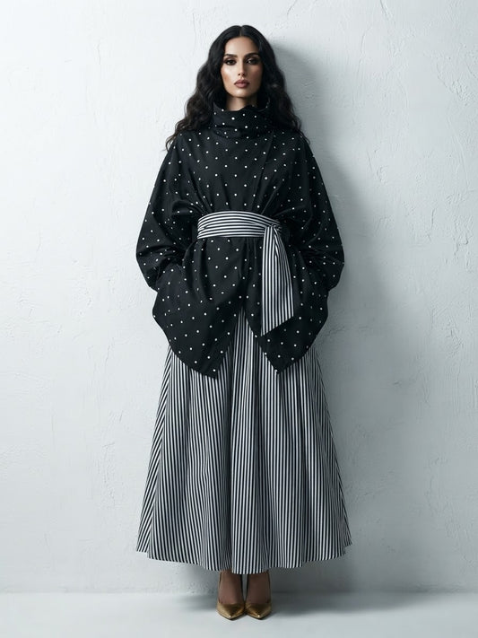 ADA BLACK POLKA DOTS and STRIPES SKIRT AND TOP SET  (SET OF 2) -Delivery in 5 TO 6 DAYS