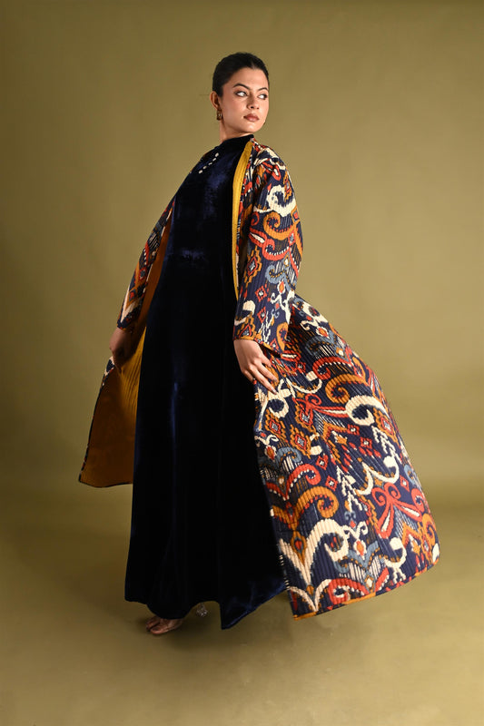 NIA  BLUE IKAT WINTER QUILTED JACKET SET-DELIVERY IN 2 TO 3DAYS
