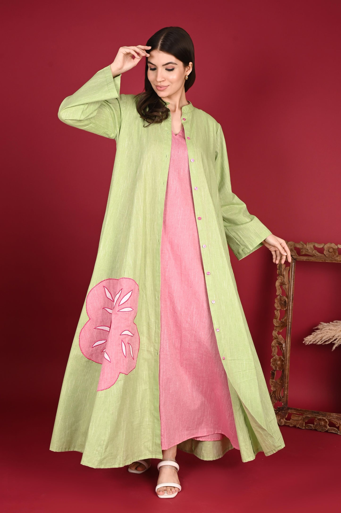 VAYU SET WOVEN COTTON APPLIQUE GREEN AND PINK