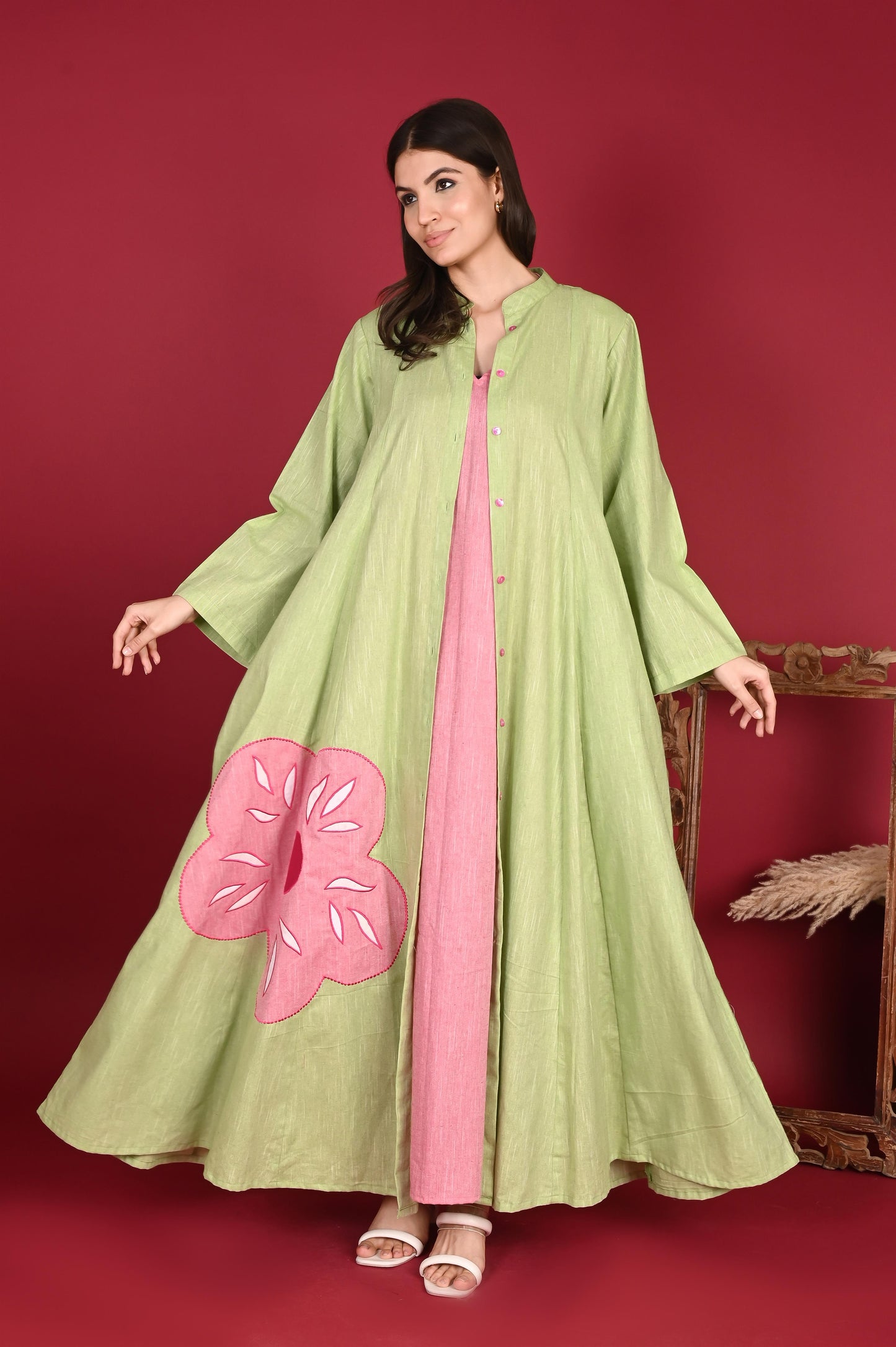 VAYU SET WOVEN COTTON APPLIQUE GREEN AND PINK