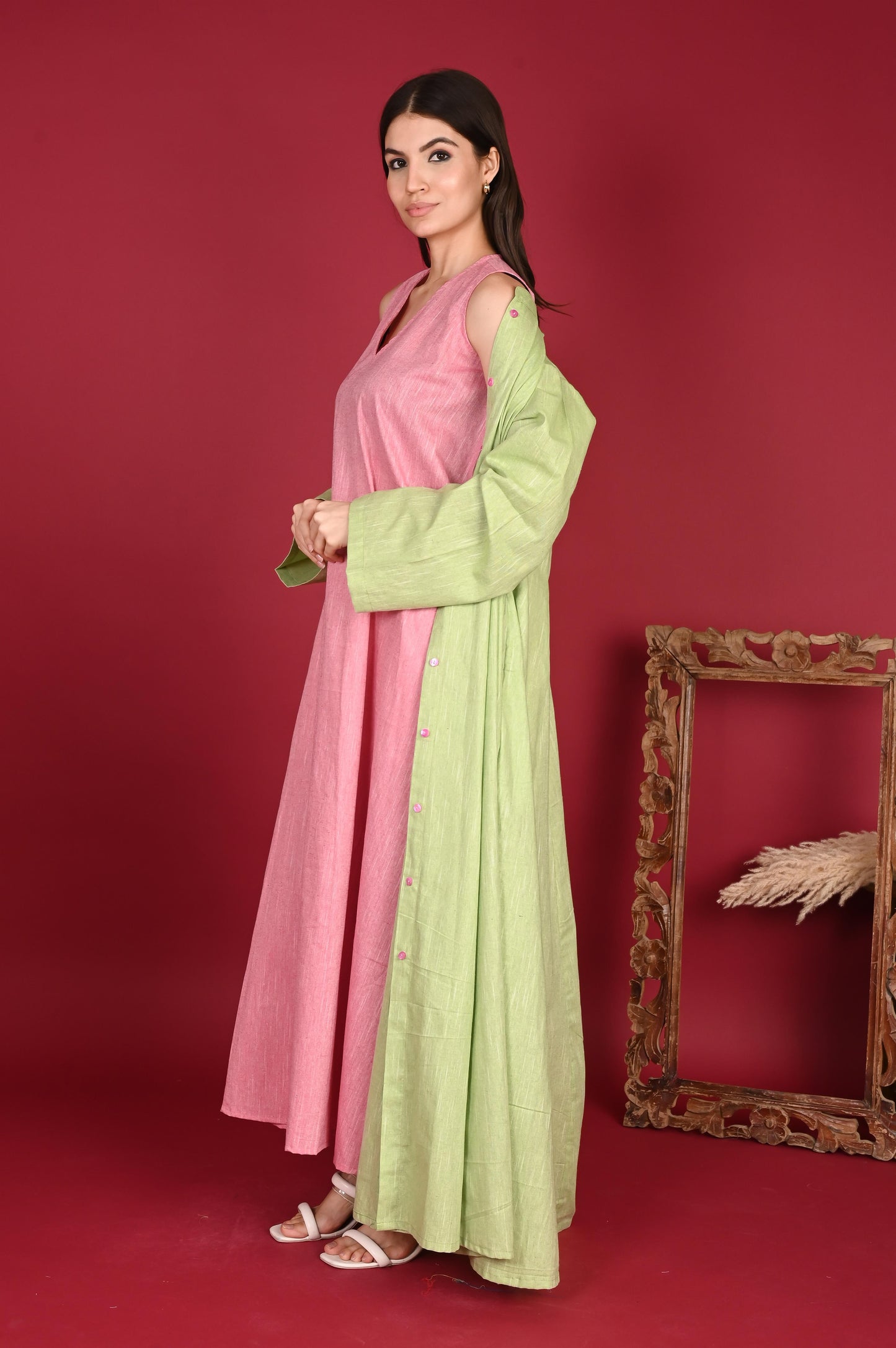 VAYU SET WOVEN COTTON APPLIQUE GREEN AND PINK