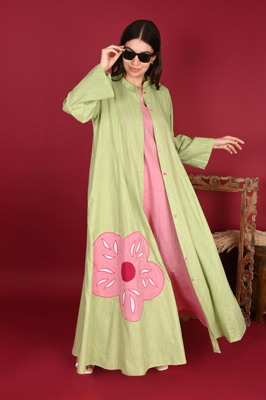 VAYU SET WOVEN COTTON APPLIQUE GREEN AND PINK