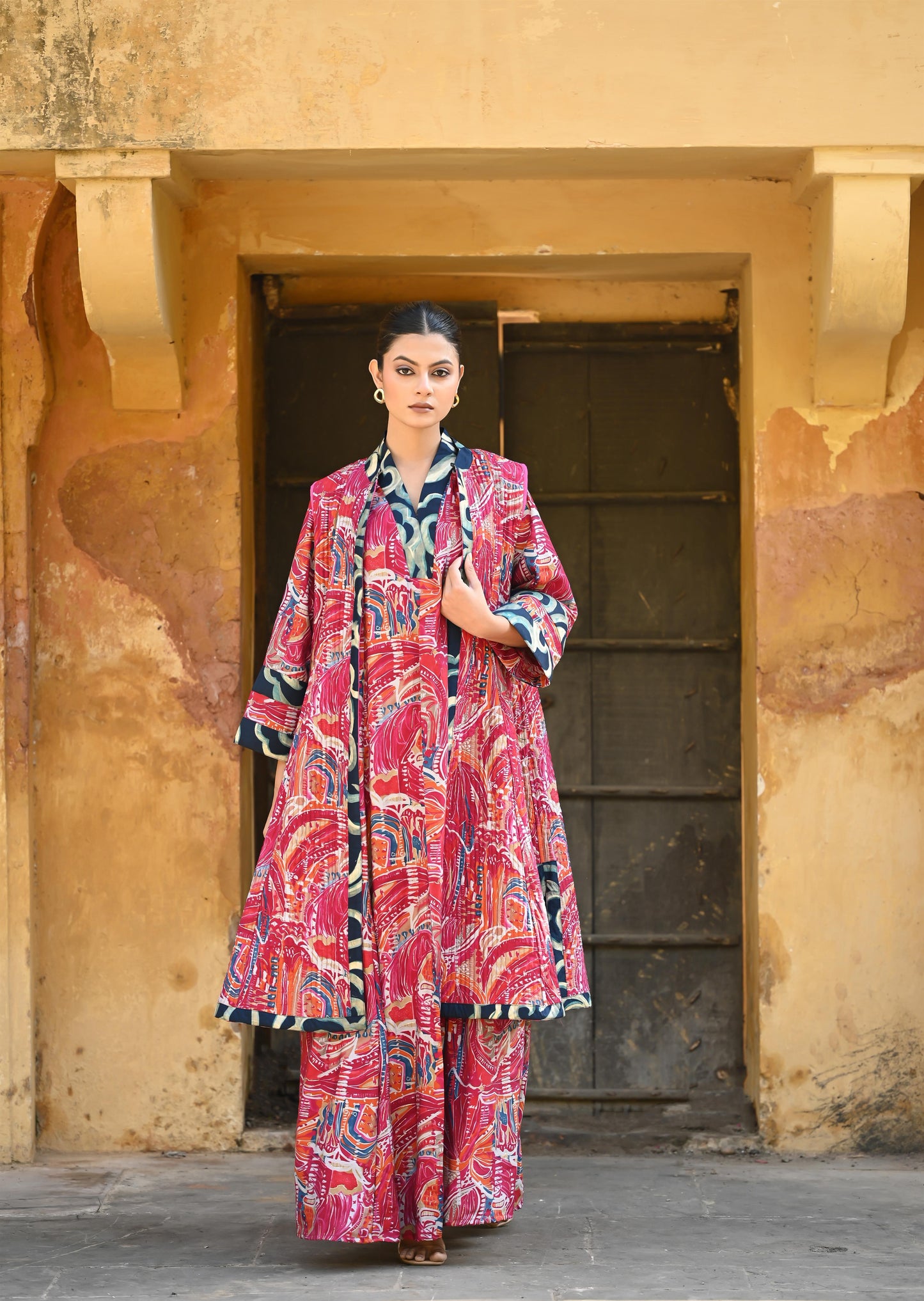 INA -SAME DAY DELIVERY-قفطان من القطن والحرير مع جاكيت شتوي مبطّن