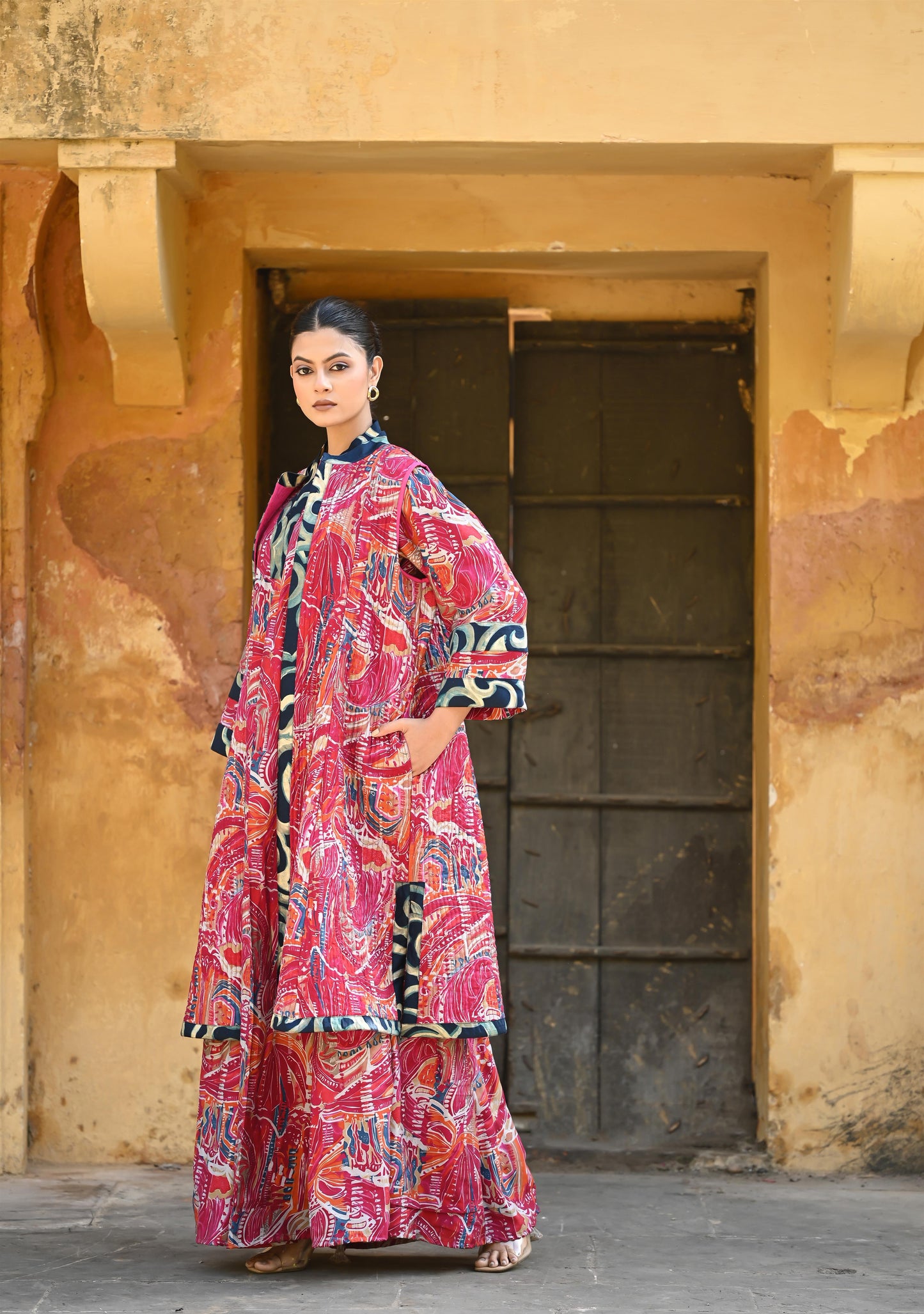 INA -SAME DAY DELIVERY-قفطان من القطن والحرير مع جاكيت شتوي مبطّن