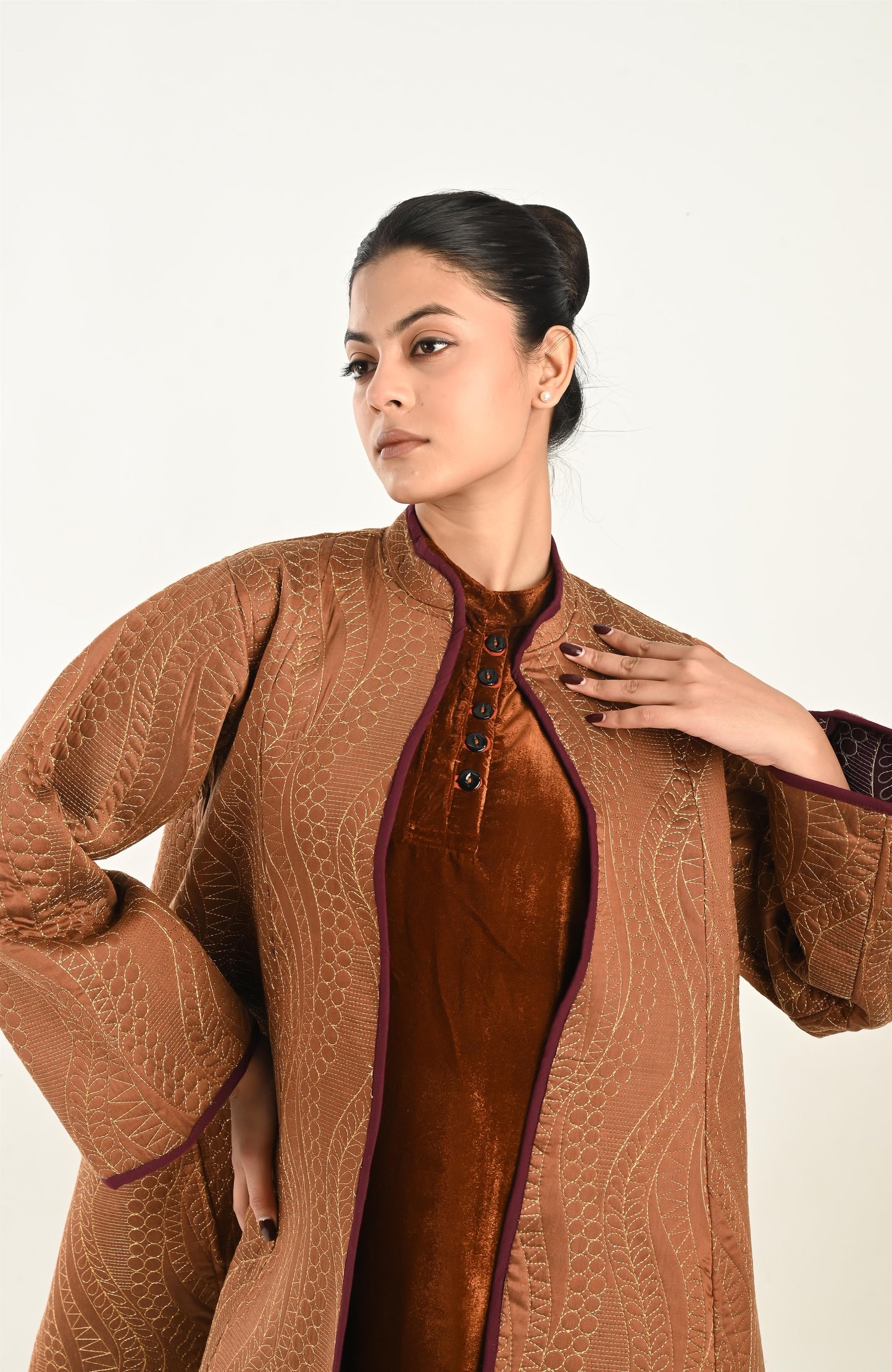 VAYU-VELVET KAFTAN AND QUILTED EMBROIDERED JACKET SET-DELIVERY IN 7 TO 10 DAYS