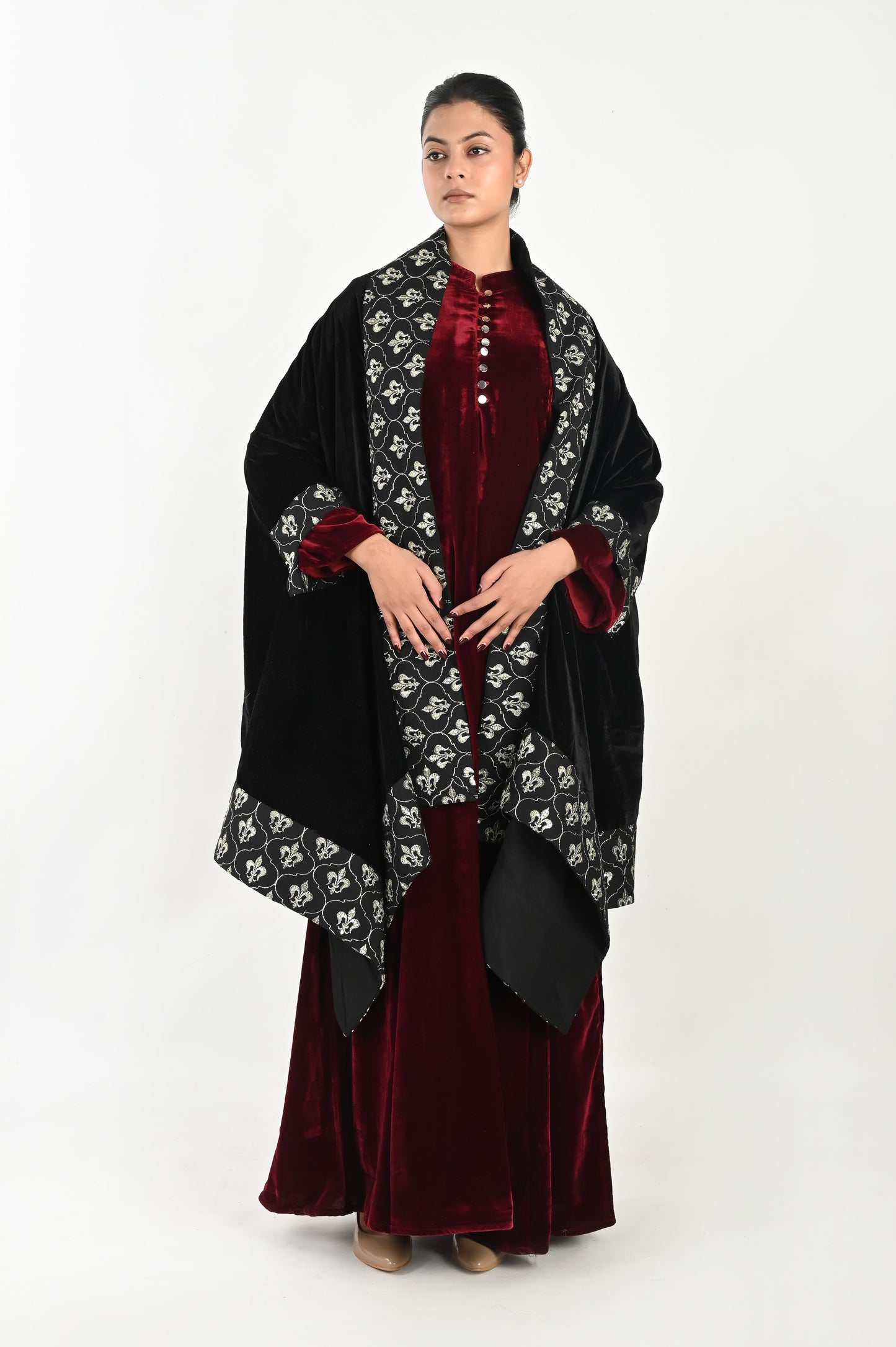 ASLESA-VELVET KAFTAN AND SHAWL SET-DELIVERY IN 7 TO 10 DAYS