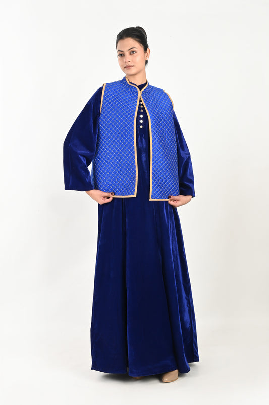 DHARAA BLUE-VELVET KAFTAN AND QUILTED EMBROIDERED JACKET SET-DELIVERY IN 7 TO 10 DAYS (Copy)