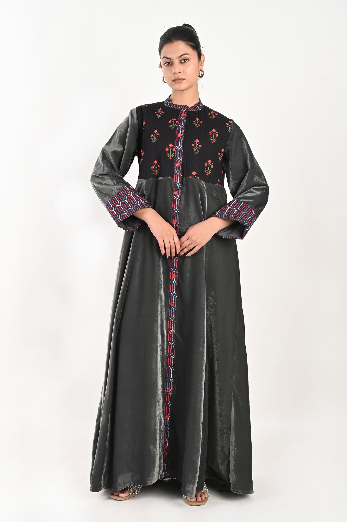 KASHVI VELVET AND QUILTED COTTON KAFTAN-DELIVERY IN 7 TO 10 DAYS