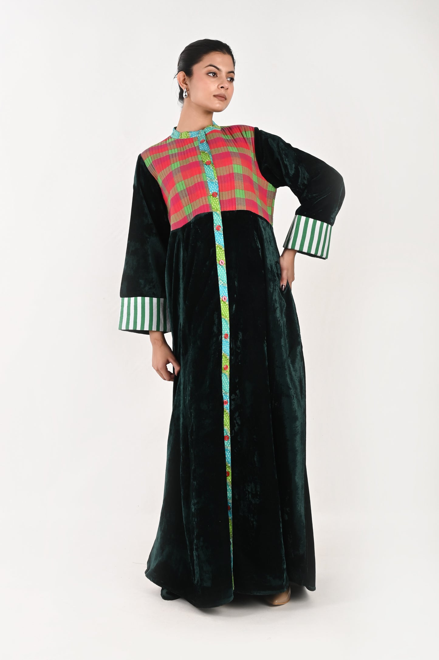 MAYA  VELVET AND QUILTED COTTON KAFTAN-DELIVERY IN 7 TO 10 DAYS