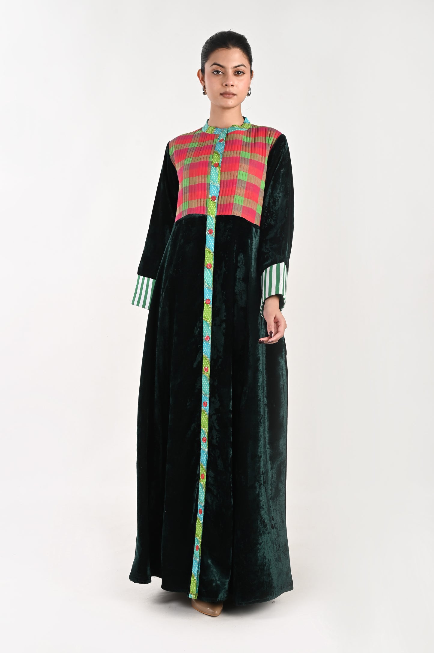MAYA  VELVET AND QUILTED COTTON KAFTAN-DELIVERY IN 7 TO 10 DAYS