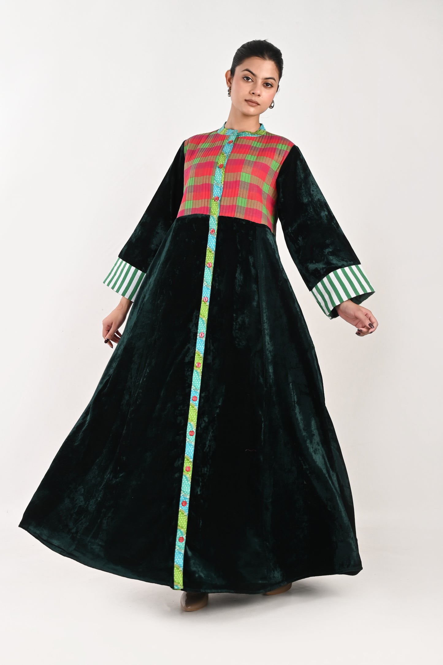MAYA  VELVET AND QUILTED COTTON KAFTAN-DELIVERY IN 7 TO 10 DAYS