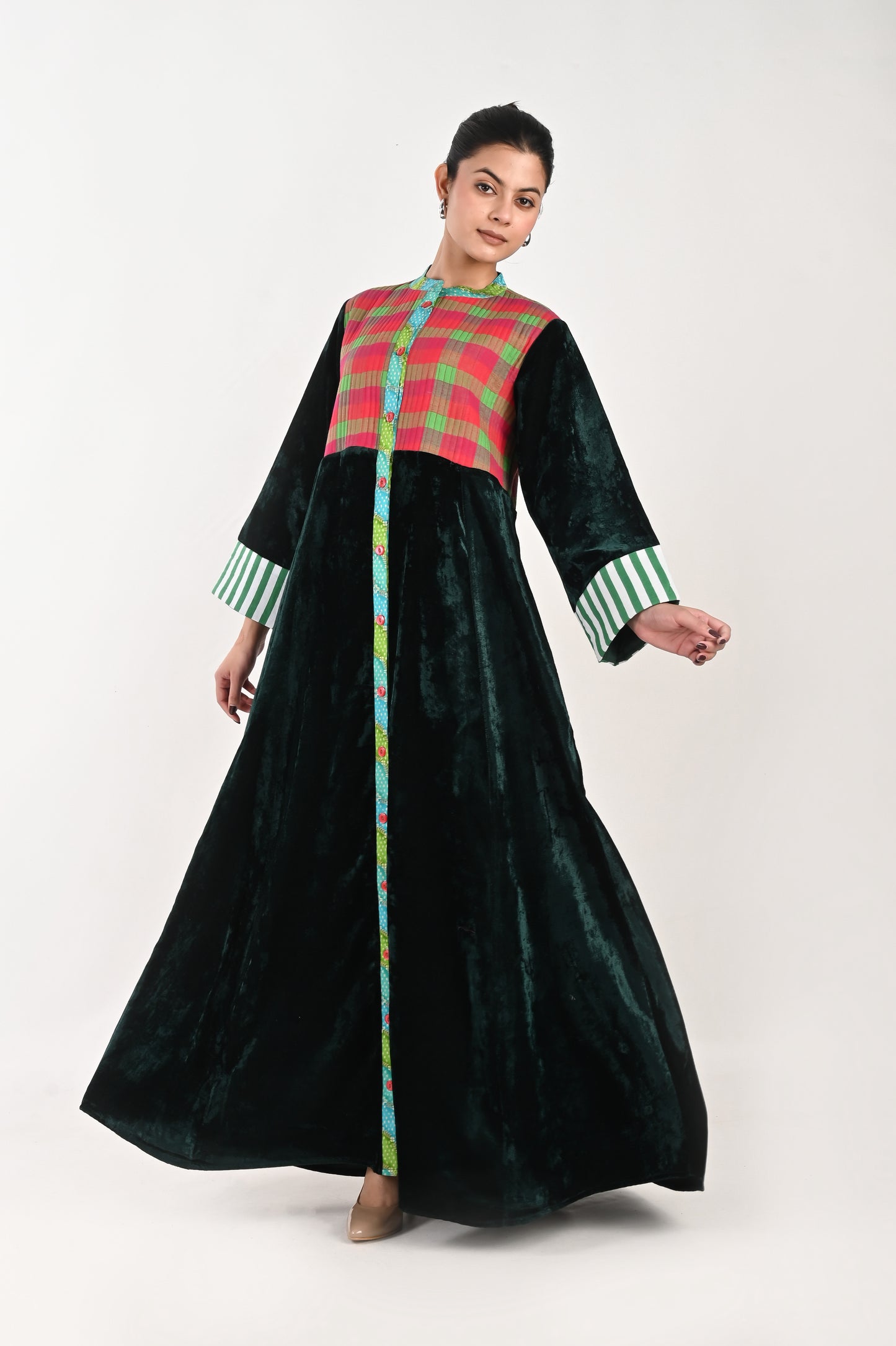 MAYA  VELVET AND QUILTED COTTON KAFTAN-DELIVERY IN 7 TO 10 DAYS