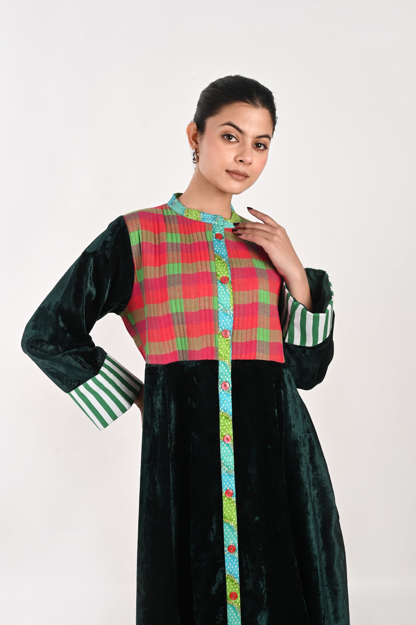 MAYA  VELVET AND QUILTED COTTON KAFTAN-DELIVERY IN 7 TO 10 DAYS