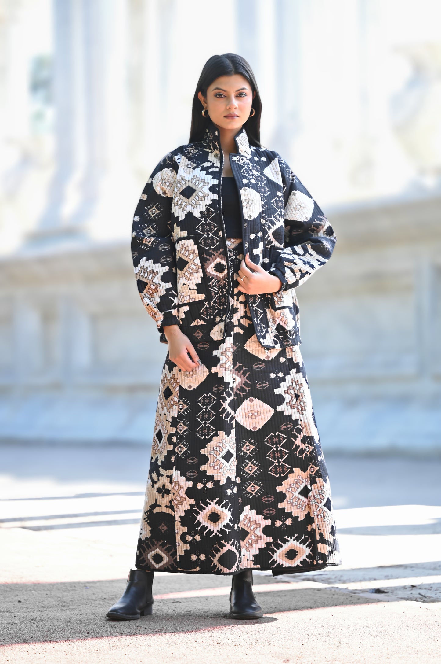 AYVEN black and beige WINTER QUILTED JACKET AND SKIRT- DELIVERY IN 10 TO 12 DAYS