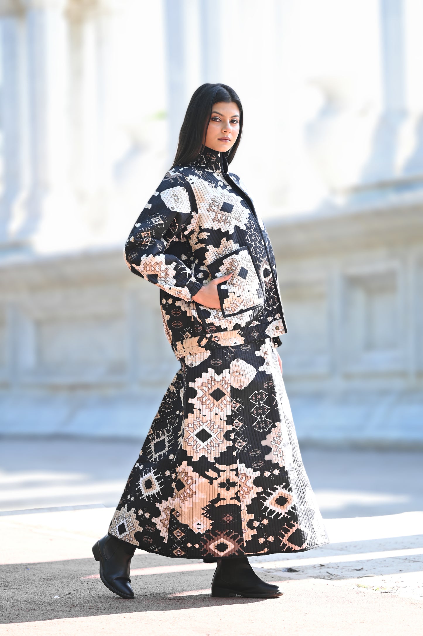 AYVEN black and beige WINTER QUILTED JACKET AND SKIRT- DELIVERY IN 10 TO 12 DAYS