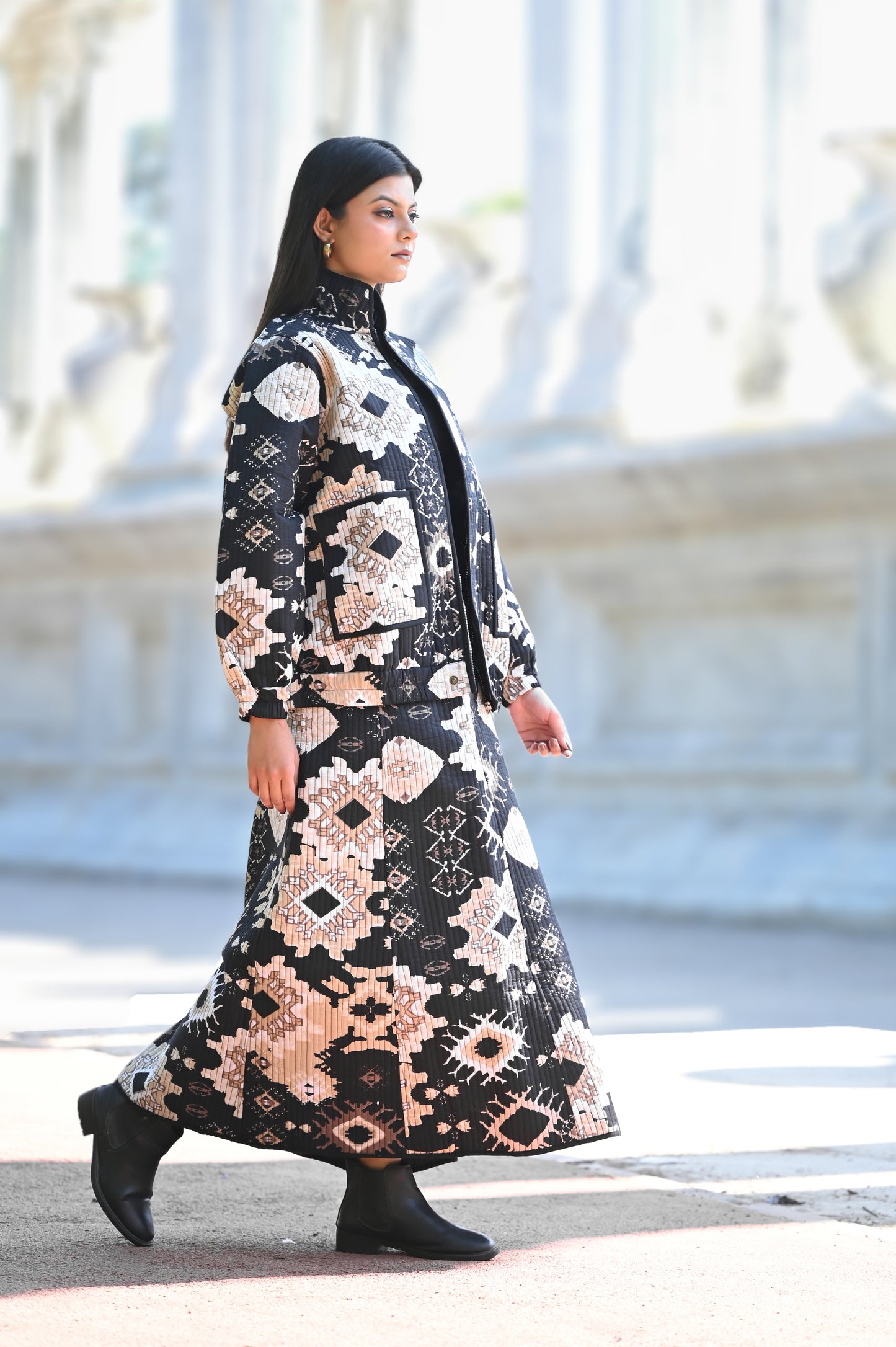 AYVEN black and beige WINTER QUILTED JACKET AND SKIRT- DELIVERY IN 10 TO 12 DAYS