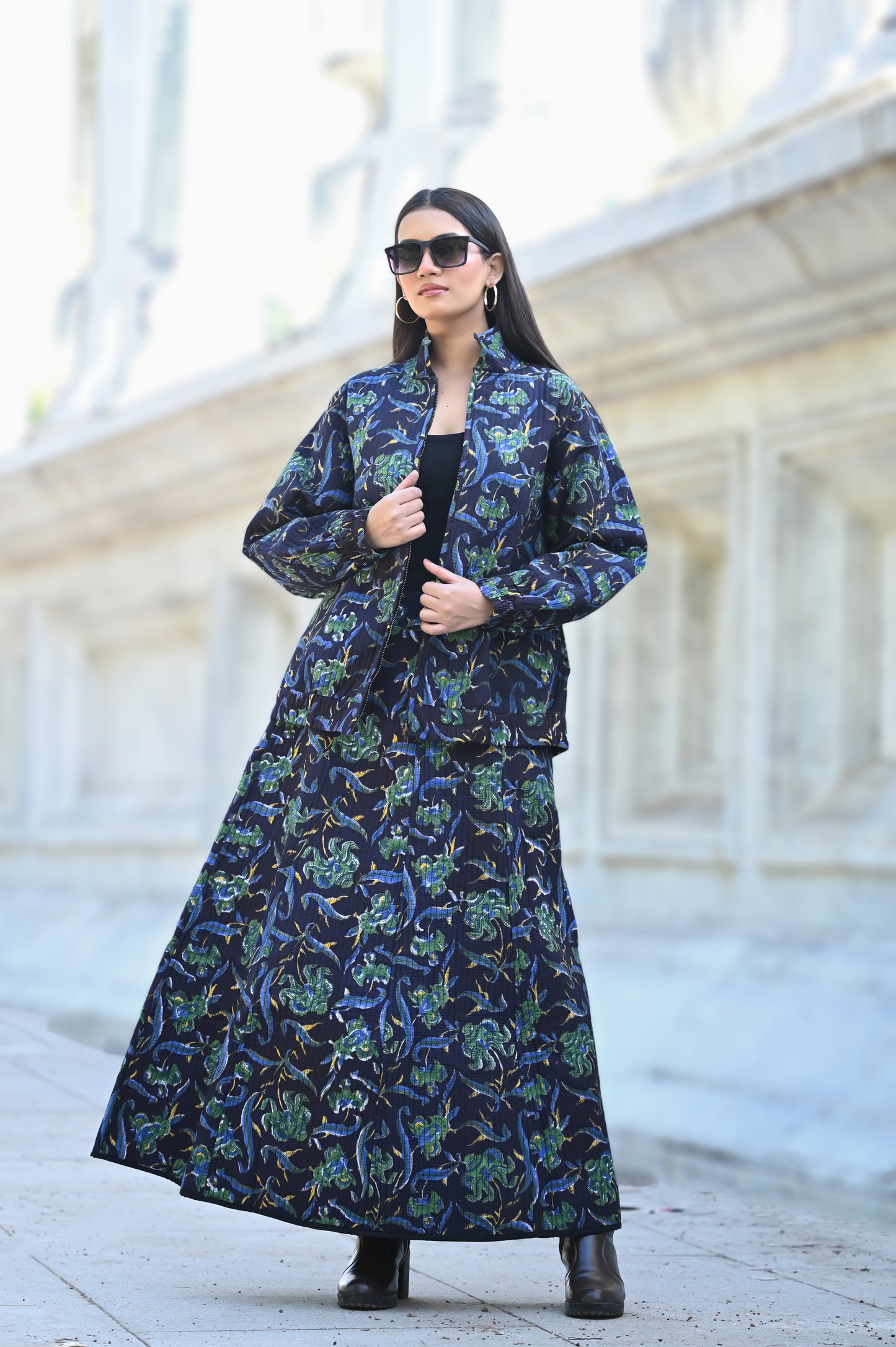 KAIRA  black and beige WINTER QUILTED JACKET AND SKIRT- DELIVERY IN 10 TO 12 DAYS