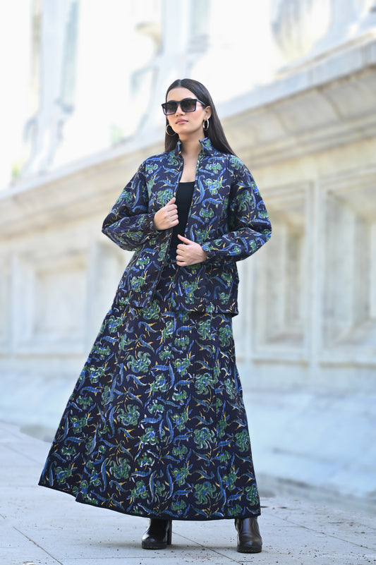 KAIRA  black and beige WINTER QUILTED JACKET AND SKIRT- DELIVERY IN 10 TO 12 DAYS