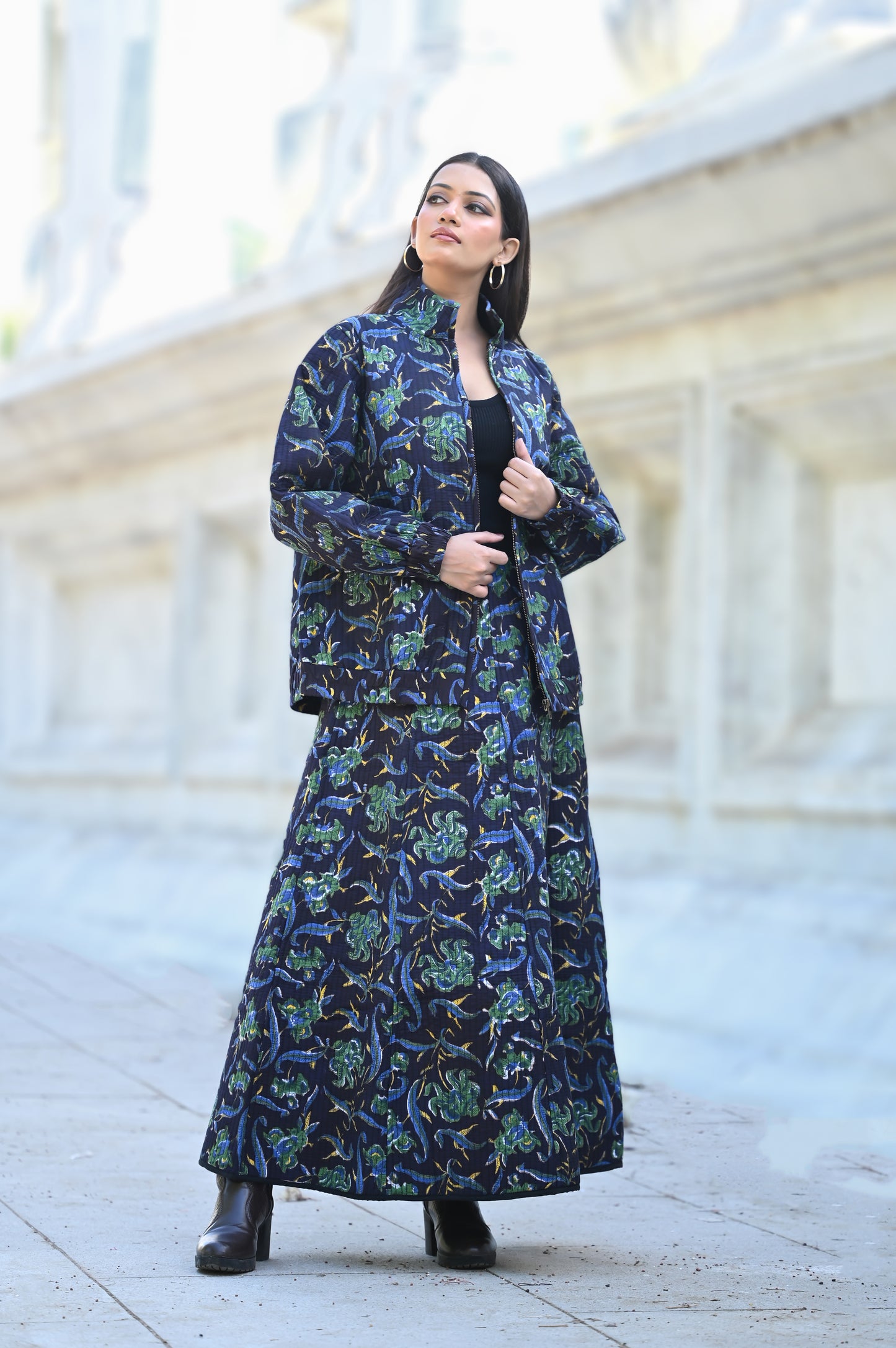 KAIRA  black and beige WINTER QUILTED JACKET AND SKIRT- DELIVERY IN 10 TO 12 DAYS