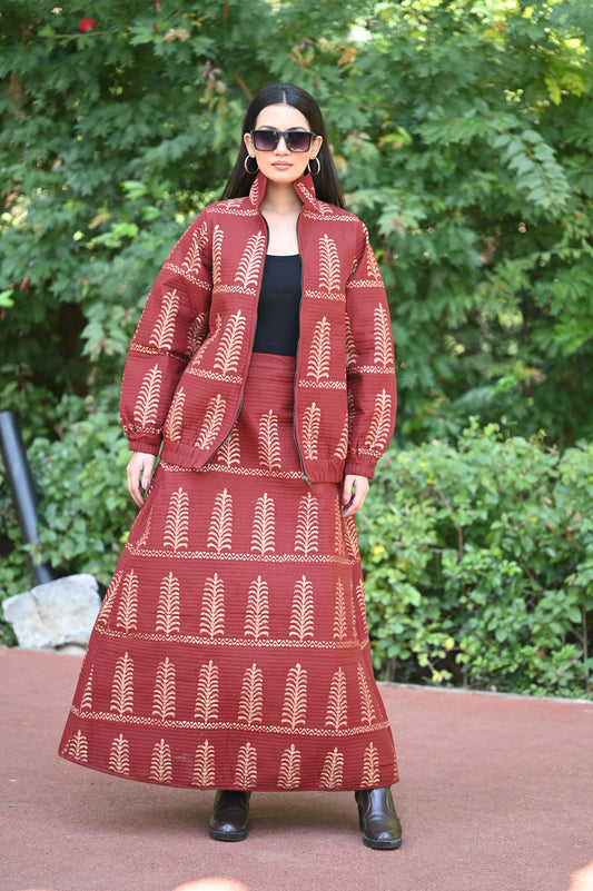 AYVEN RED and GOLD WINTER QUILTED JACKET AND SKIRT- DELIVERY IN 10  TO 12  DAYS