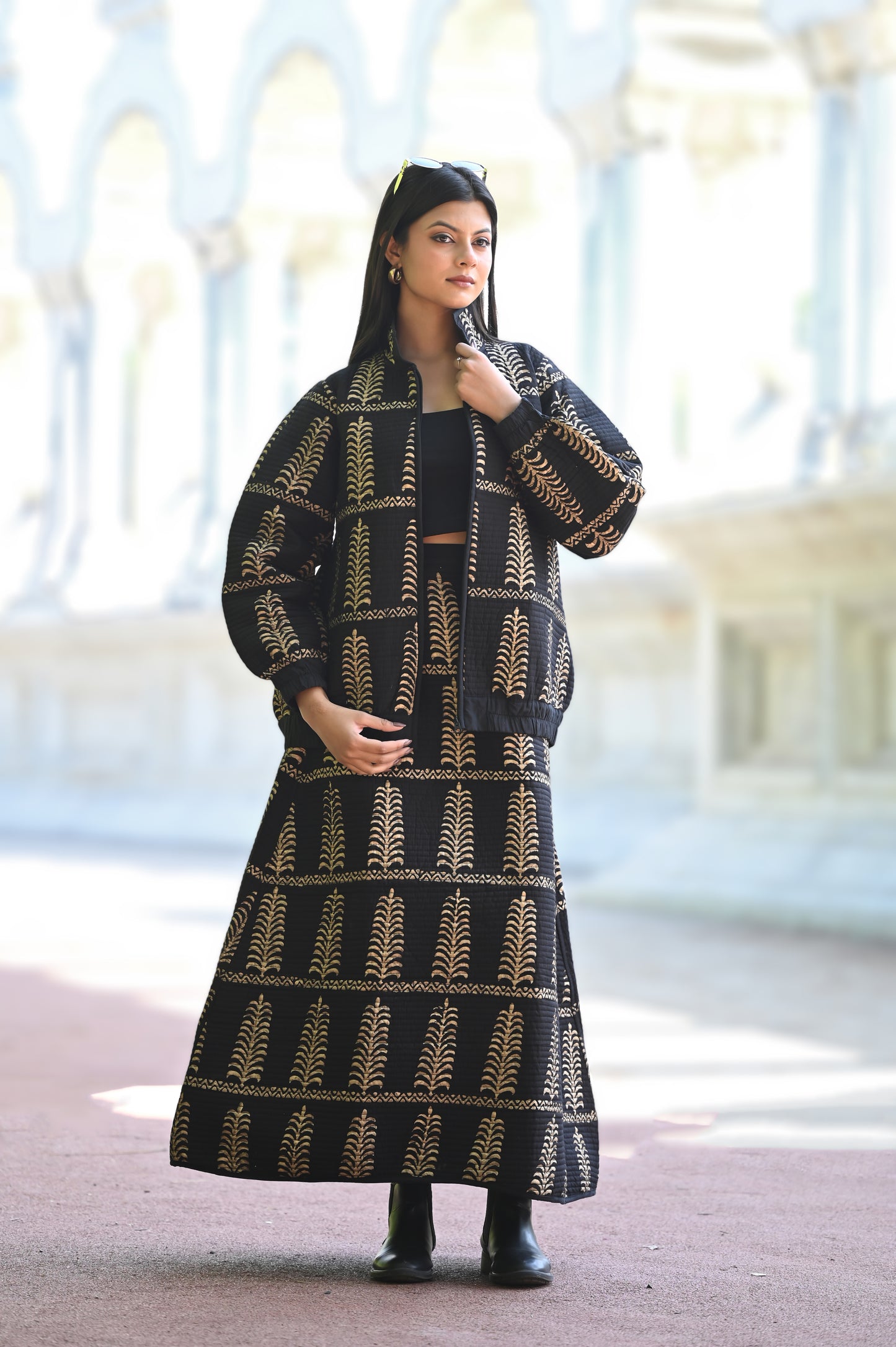 AYVEN black and GOLD WINTER QUILTED JACKET AND SKIRT- DELIVERY IN 10  TO 12  DAYS