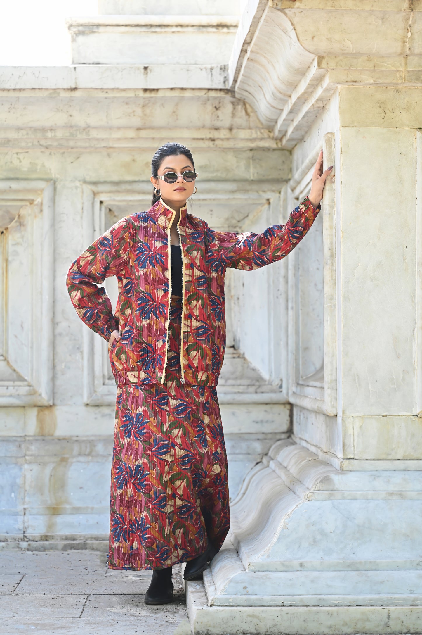 AYVEN FLORAL COTTON SILK WINTER QUILTED JACKET AND SKIRT- DELIVERY IN 10 TO 12 DAYS