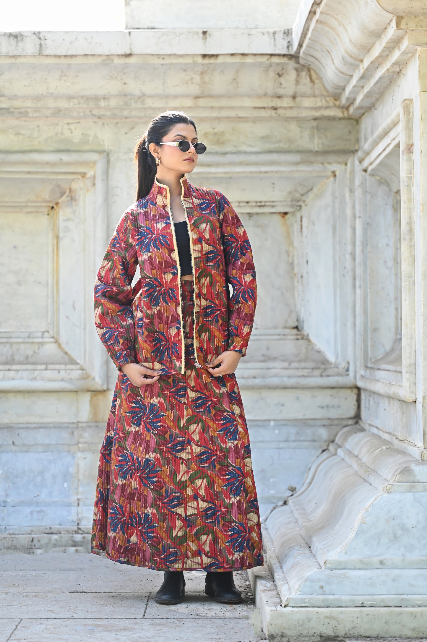 AYVEN FLORAL COTTON SILK WINTER QUILTED JACKET AND SKIRT- DELIVERY IN 10 TO 12 DAYS