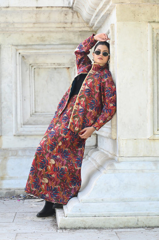 AYVEN FLORAL COTTON SILK WINTER QUILTED JACKET AND SKIRT- DELIVERY IN 10 TO 12 DAYS