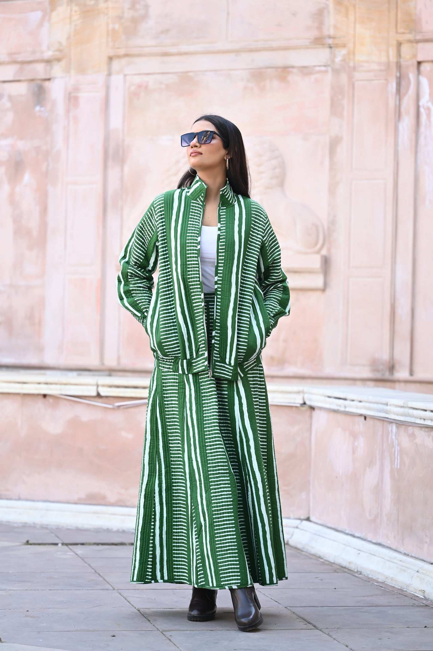 HARA GREEN  WINTER QUILTED JACKET AND SKIRT- DELIVERY IN 10  TO 12  DAYS