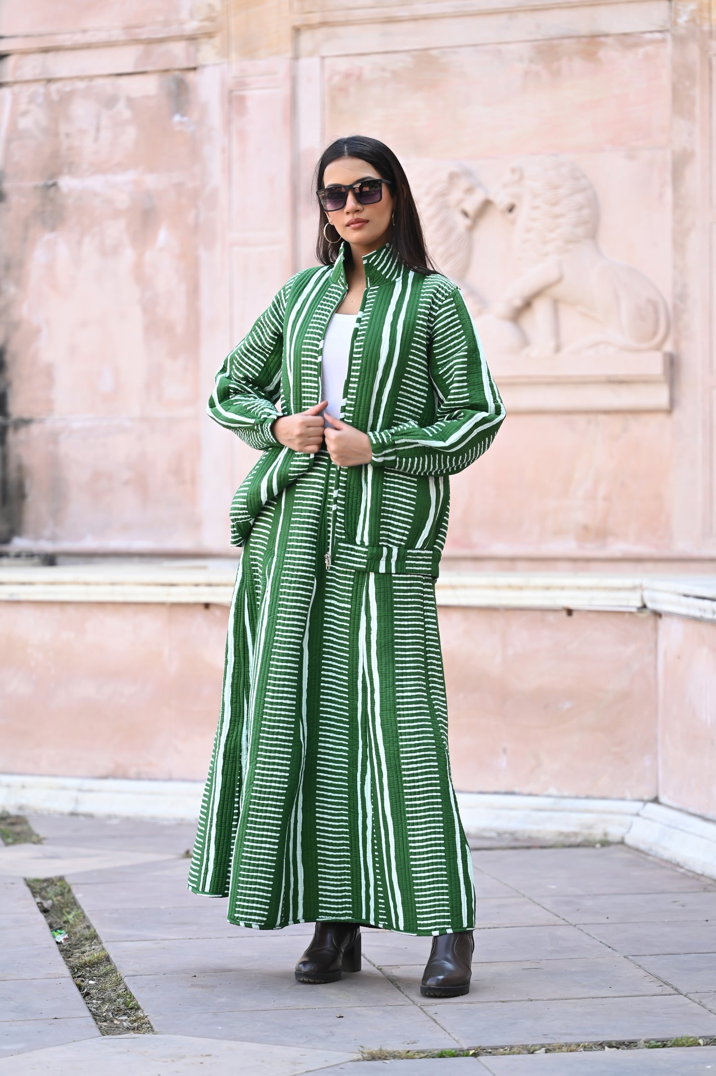 HARA GREEN  WINTER QUILTED JACKET AND SKIRT- DELIVERY IN 10  TO 12  DAYS