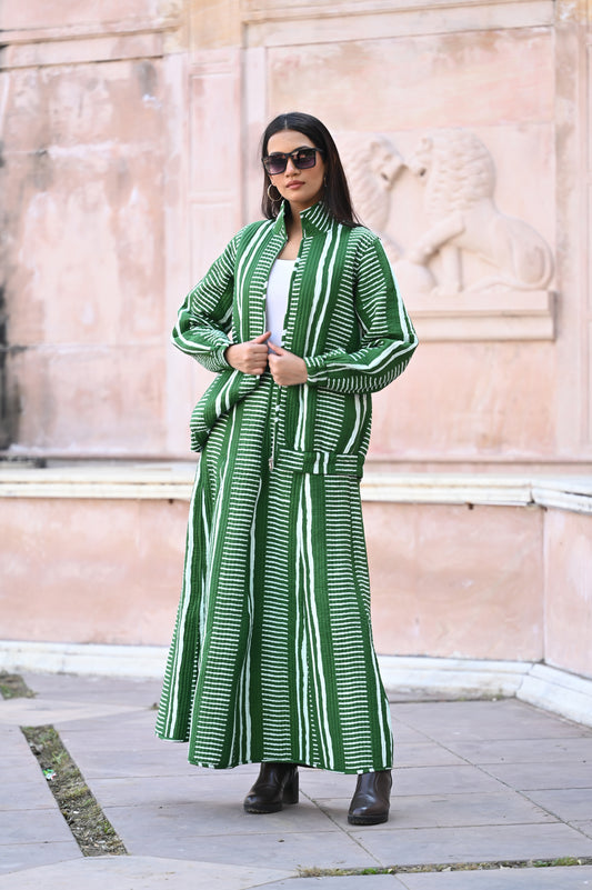 HARA GREEN  WINTER QUILTED JACKET AND SKIRT- DELIVERY IN 10  TO 12  DAYS