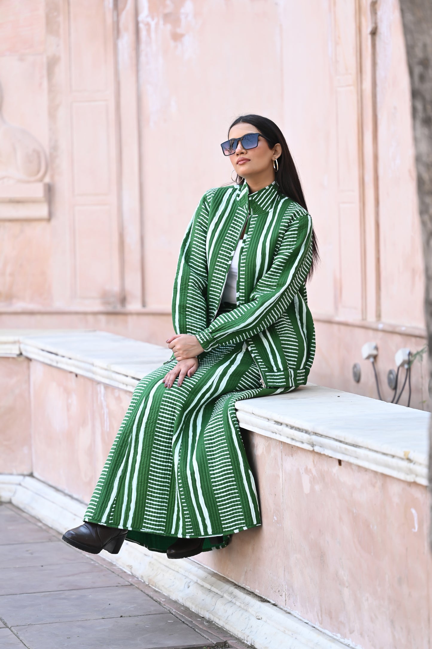 HARA GREEN  WINTER QUILTED JACKET AND SKIRT- DELIVERY IN 10  TO 12  DAYS