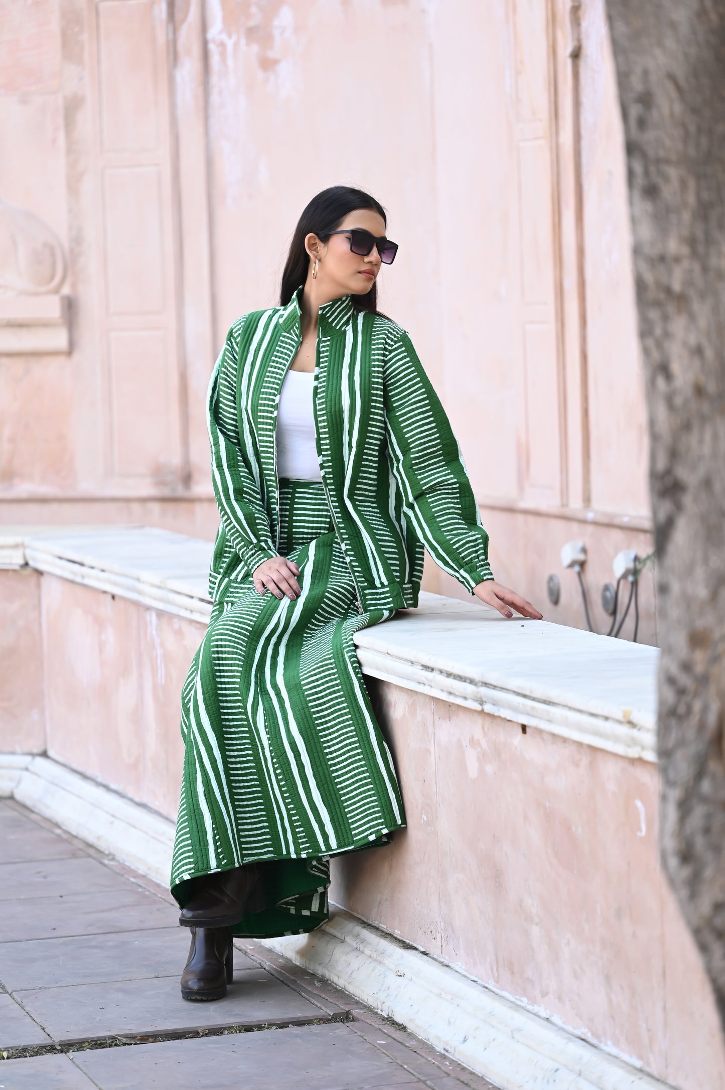 HARA GREEN  WINTER QUILTED JACKET AND SKIRT- DELIVERY IN 10  TO 12  DAYS