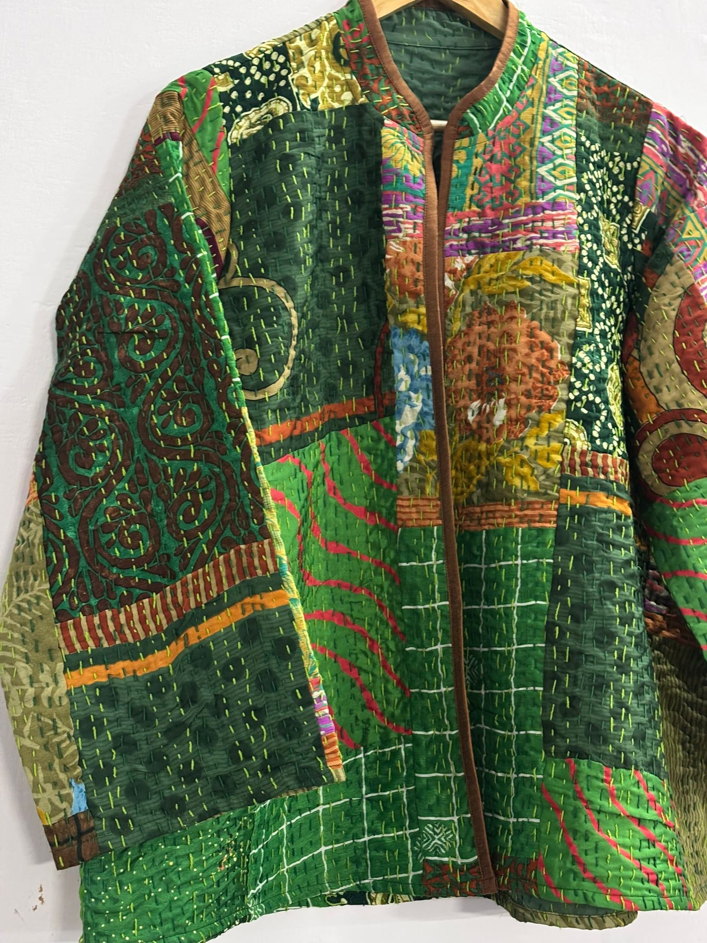 MANAH VINTAGE SILK AND COTTON HANDMADE  GREEN JACKET- DELIVERY IN 7 TO 10 DAYS
