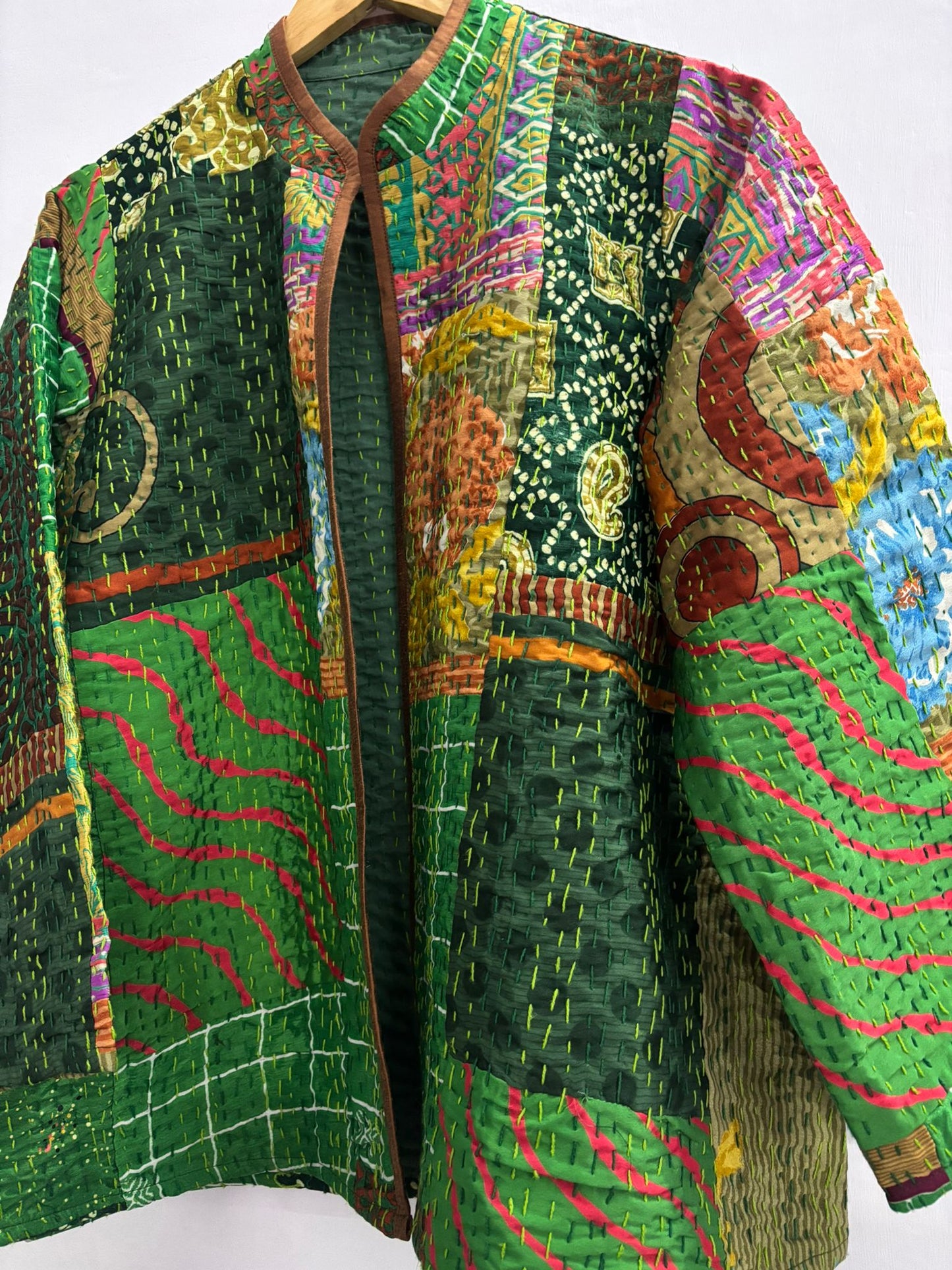 MANAH VINTAGE SILK AND COTTON HANDMADE  GREEN JACKET- DELIVERY IN 7 TO 10 DAYS