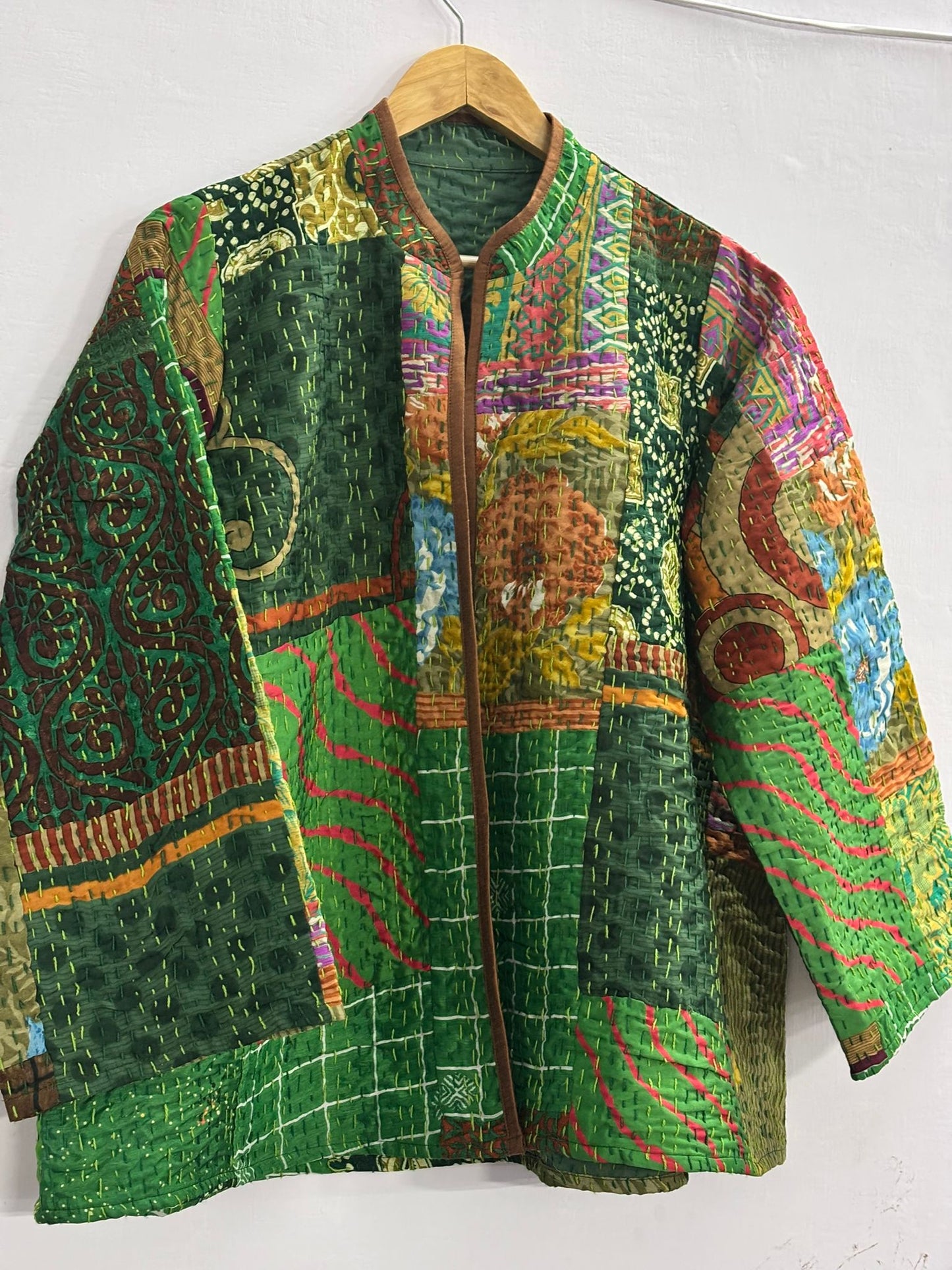 MANAH VINTAGE SILK AND COTTON HANDMADE  GREEN JACKET- DELIVERY IN 7 TO 10 DAYS