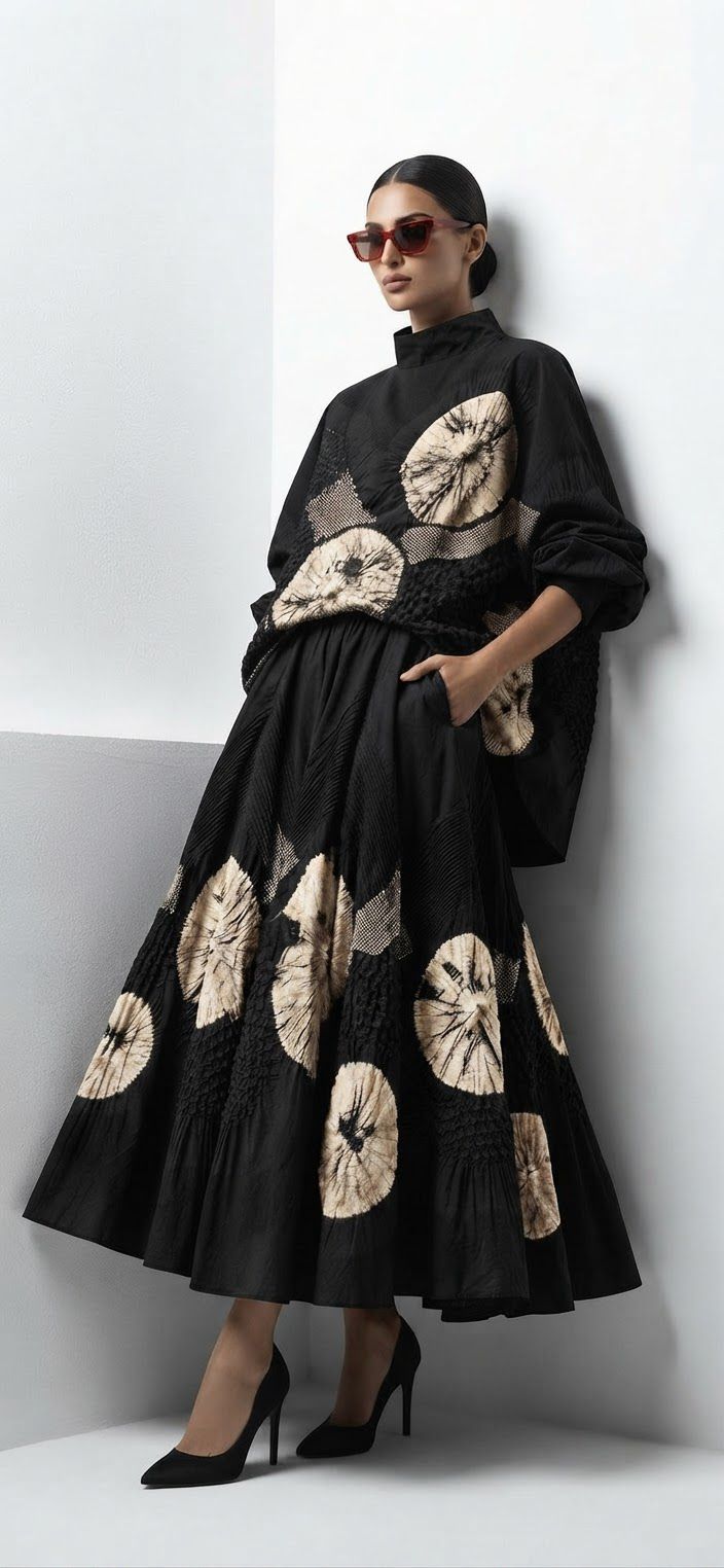 SHIBORI BLACK SHIRT AND SKIRT SET  (SET OF 2) -PREORDER-DELIVERY IN 2 WEEKS