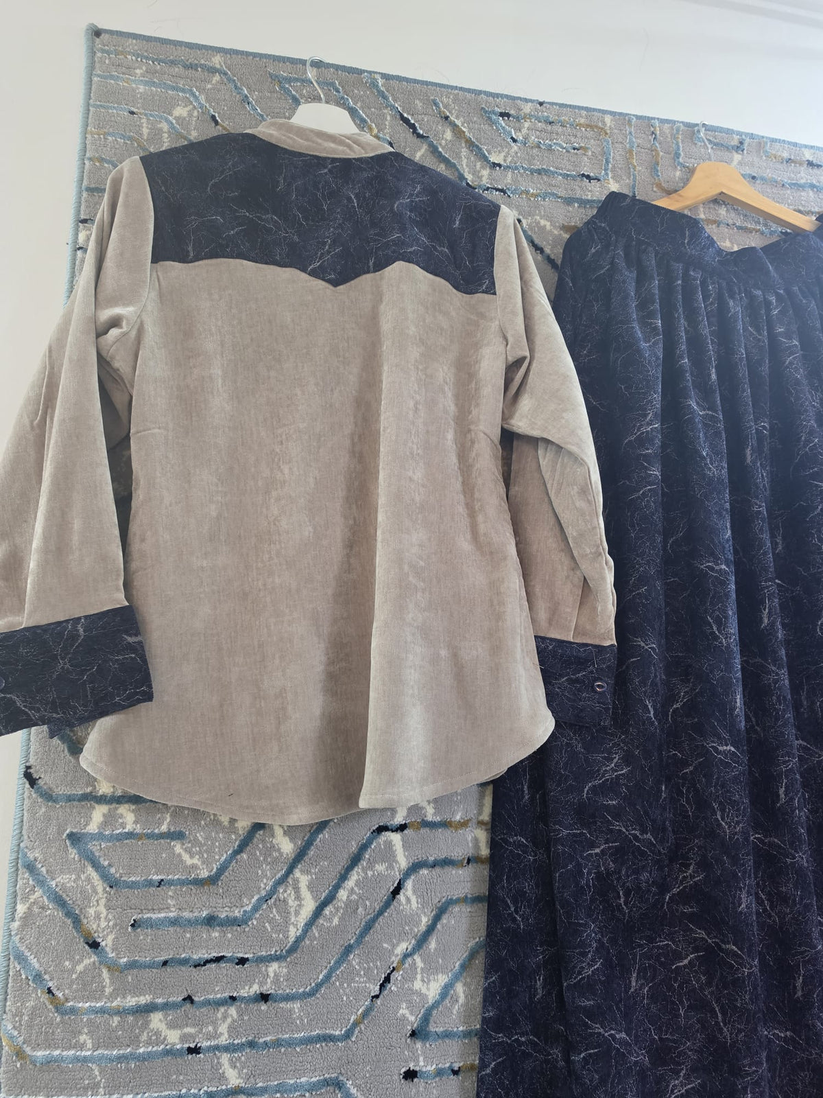 KAYA suede velvet shirt and brocade skirt
