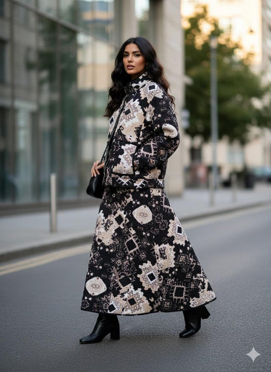 AYVEN black and beige WINTER QUILTED JACKET AND SKIRT- DELIVERY IN 7 TO 10 DAYS