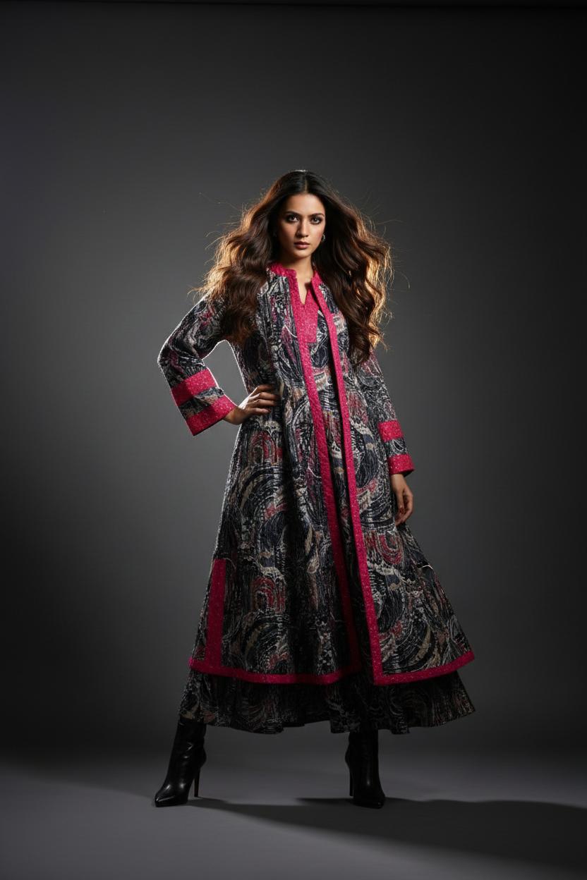 INA BLACK -SAME DAY DELIVERY-قفطان من القطن والحرير مع جاكيت شتوي مبطّن