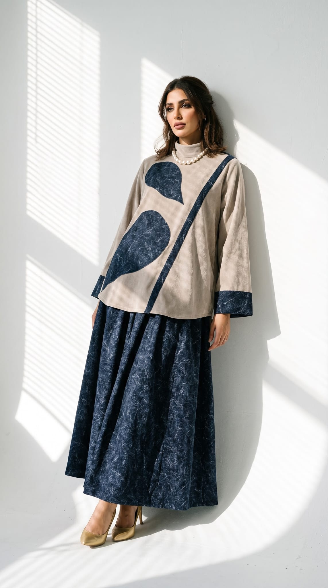 KAYA suede velvet shirt and brocade skirt